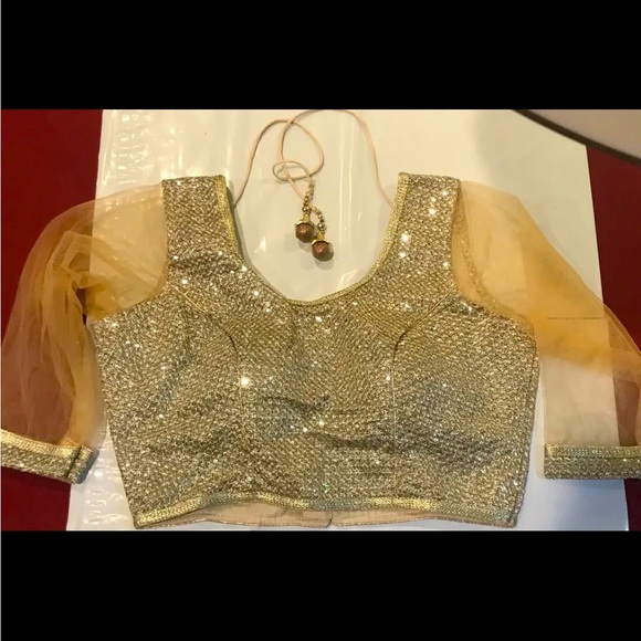 genie GOLD Belly dancer top Gypsy cropped mermaid sheer sleeves dance shirt S M - Picture 3 of 13